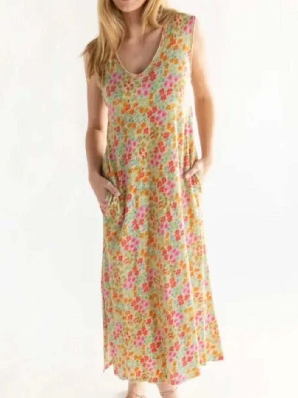 Natural Life Hangout Cotton Midi Dress in Mustard Coral Floral L/XL